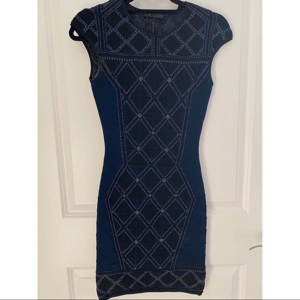 RVN Black Navy Fitted Print Dress